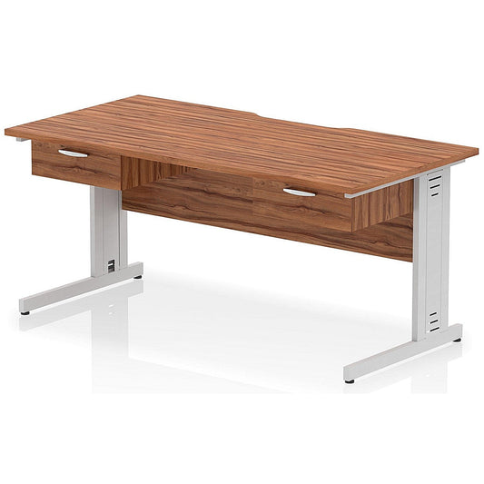 Impulse 1600mm Scalloped Edge Rectangular Desk, Silver Cable Managed Legs, Walnut, With 2 x 1 Drawer Fixed Pedestals Easy2Order : I006432