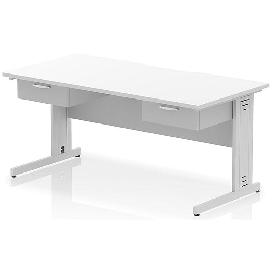 Impulse 1600mm Scalloped Edge Rectangular Desk, Silver Cable Managed Legs, White, With 2 x 1 Drawer Fixed Pedestals Easy2Order : I006435
