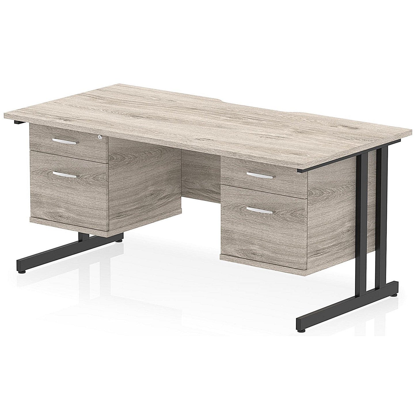 Impulse 1600mm Scalloped Edge Rectangular Desk, Black Cantilever Legs, Grey Oak, With 2 x 2 Drawer Fixed Pedestals Easy2Order : I006446