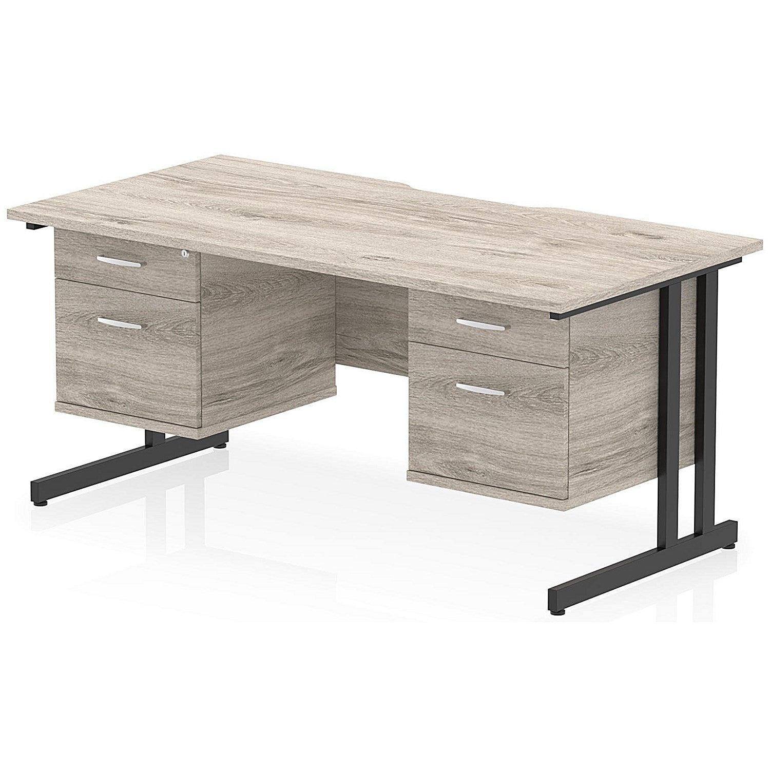 Impulse 1600mm Scalloped Edge Rectangular Desk, Black Cantilever Legs, Grey Oak, With 2 x 2 Drawer Fixed Pedestals Easy2Order : I006446