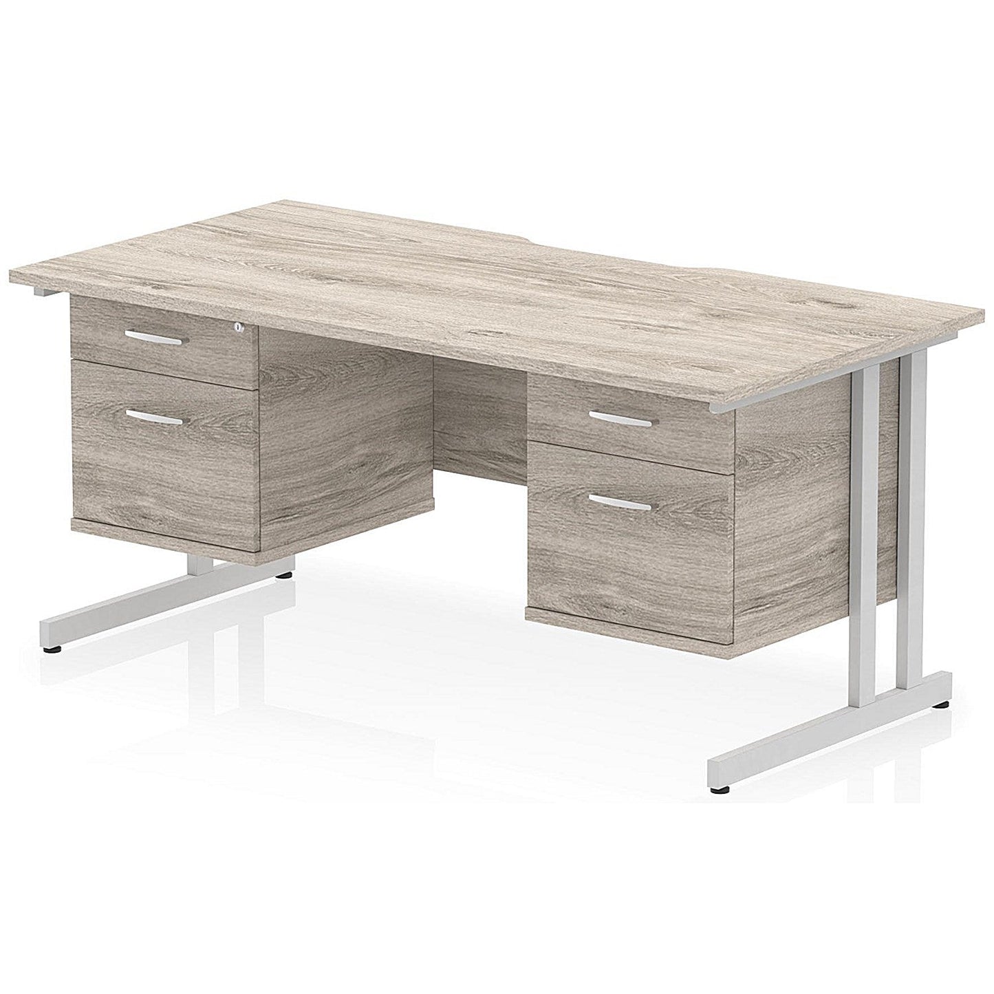 Impulse 1600mm Scalloped Edge Rectangular Desk, Silver Cantilever Legs, Grey Oak, With 2 x 2 Drawer Fixed Pedestals Easy2Order : I006447