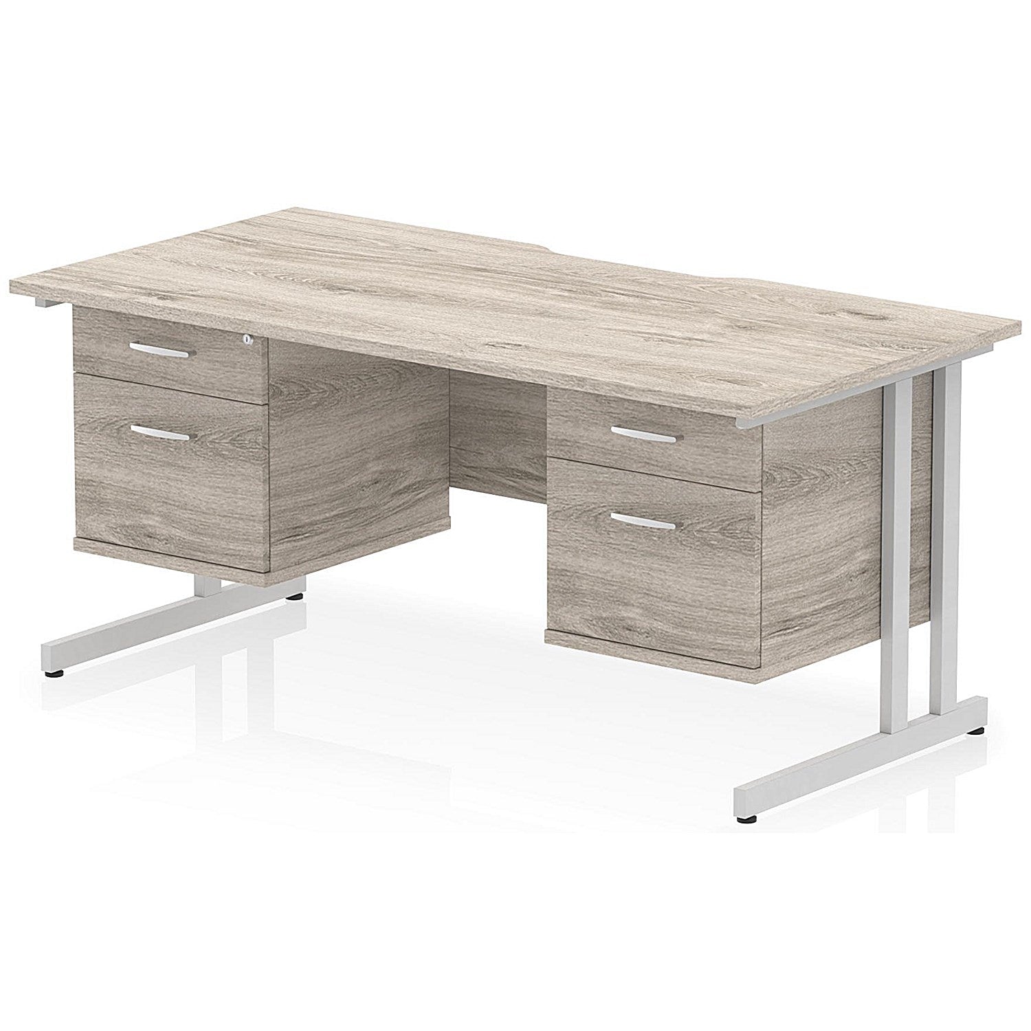 Impulse 1600mm Scalloped Edge Rectangular Desk, Silver Cantilever Legs, Grey Oak, With 2 x 2 Drawer Fixed Pedestals Easy2Order : I006447
