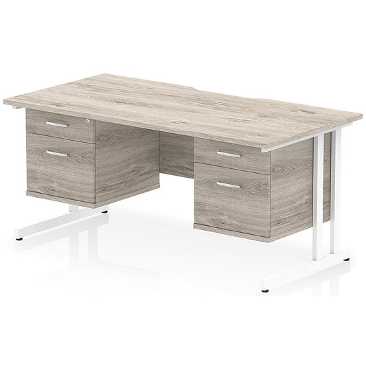 Impulse 1600mm Scalloped Edge Rectangular Desk, White Cantilever Legs, Grey Oak, With 2 x 2 Drawer Fixed Pedestals Easy2Order : I006448