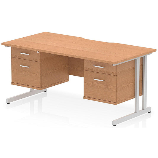 Impulse 1600mm Scalloped Edge Rectangular Desk, Silver Cantilever Legs, Oak, With 2 x 2 Drawer Fixed Pedestals Easy2Order : I006453