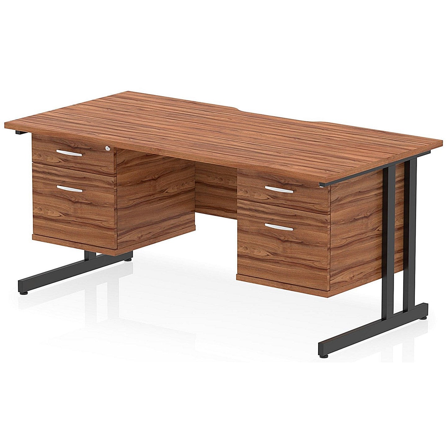 Impulse 1600mm Scalloped Edge Rectangular Desk, Black Cantilever Legs, Walnut, With 2 x 2 Drawer Fixed Pedestals Easy2Order : I006455