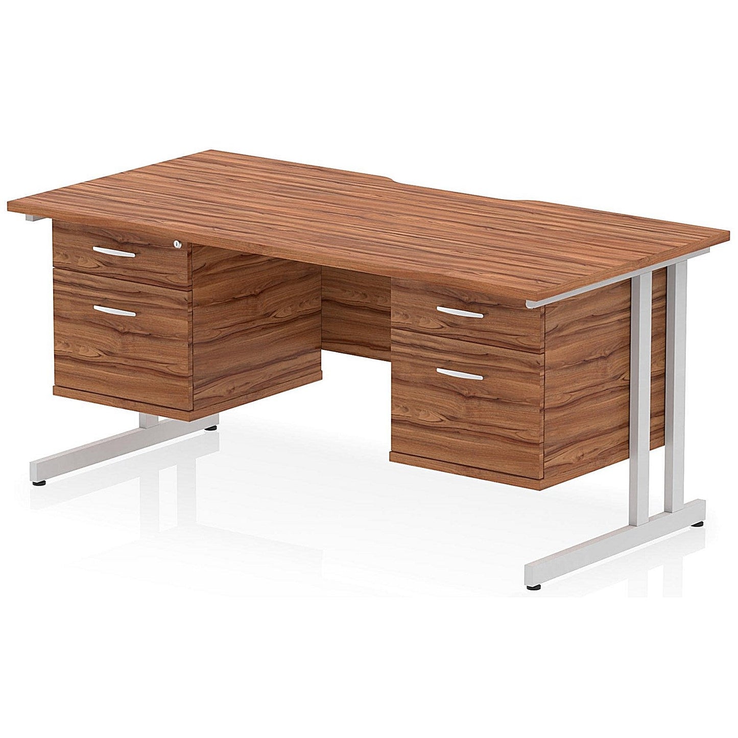 Impulse 1600mm Scalloped Edge Rectangular Desk, Silver Cantilever Legs, Walnut, With 2 x 2 Drawer Fixed Pedestals Easy2Order : I006456