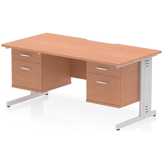 Impulse 1600mm Scalloped Edge Rectangular Desk, Silver Cable Managed Legs, Beech, With 2 x 2 Drawer Fixed Pedestals Easy2Order : I006462