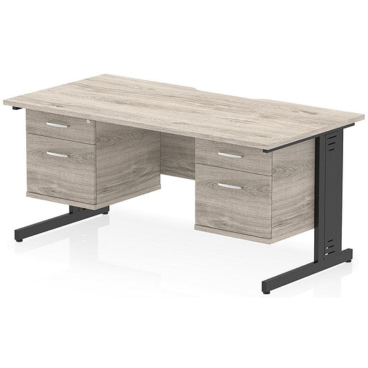 Impulse 1600mm Scalloped Edge Rectangular Desk, Black Cable Managed Legs, Grey Oak, With 2 x 2 Drawer Fixed Pedestals Easy2Order : I006464