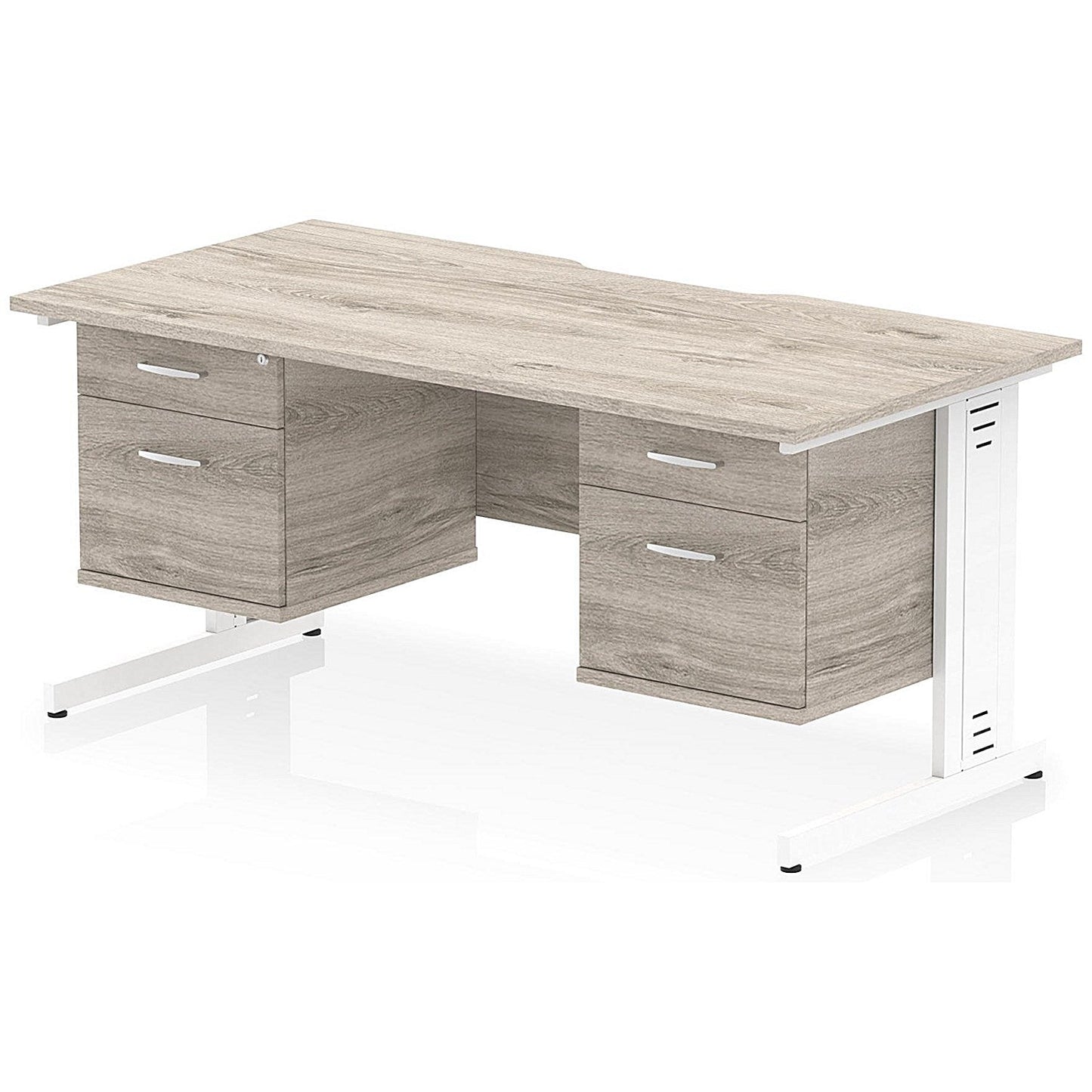 Impulse 1600mm Scalloped Edge Rectangular Desk, White Cable Managed Legs, Grey Oak, With 2 x 2 Drawer Fixed Pedestals Easy2Order : I006466