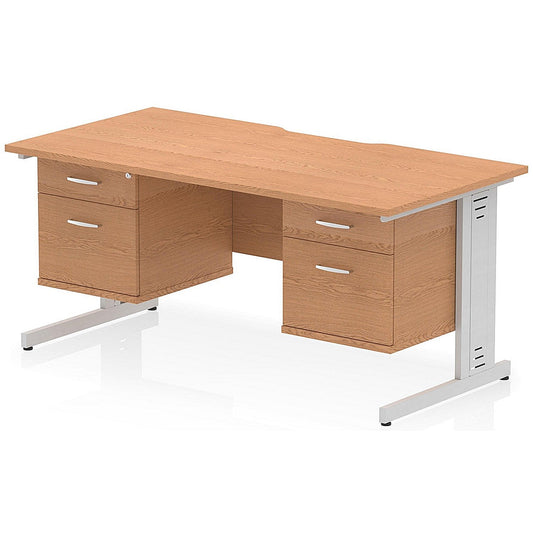 Impulse 1600mm Scalloped Edge Rectangular Desk, Silver Cable Managed Legs, Oak, With 2 x 2 Drawer Fixed Pedestals Easy2Order : I006471