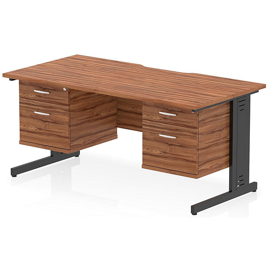 Impulse 1600mm Scalloped Edge Rectangular Desk, Black Cable Managed Legs, Walnut, With 2 x 2 Drawer Fixed Pedestals Easy2Order : I006473