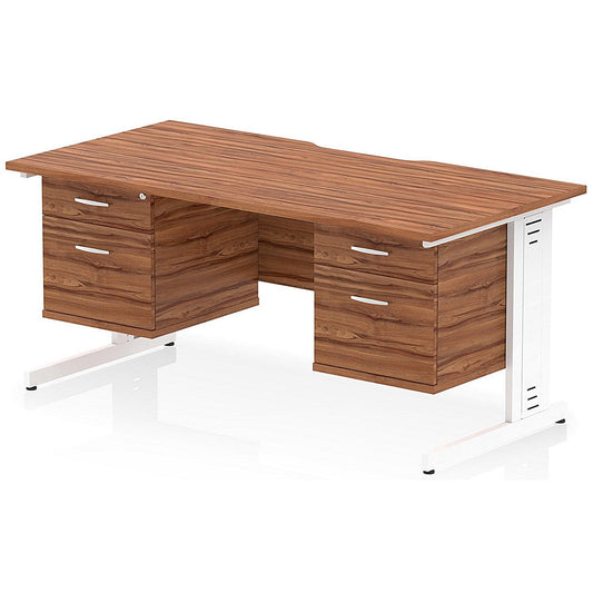 Impulse 1600mm Scalloped Edge Rectangular Desk, White Cable Managed Legs, Walnut, With 2 x 2 Drawer Fixed Pedestals Easy2Order : I006475
