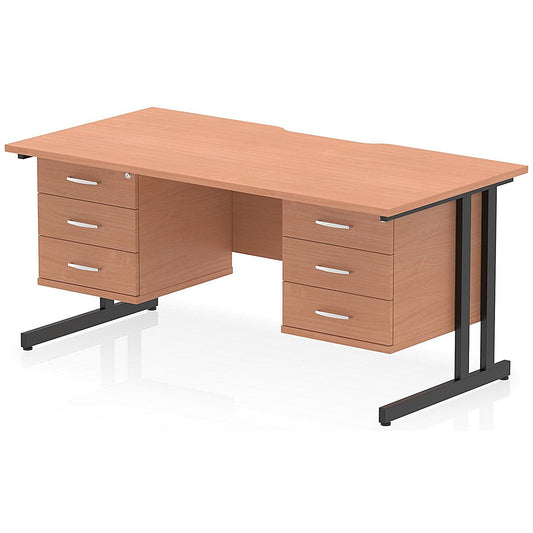 Impulse 1600mm Scalloped Edge Rectangular Desk, Black Cantilever Legs, Beech, With 2 x 3 Drawer Fixed Pedestals Easy2Order : I006485
