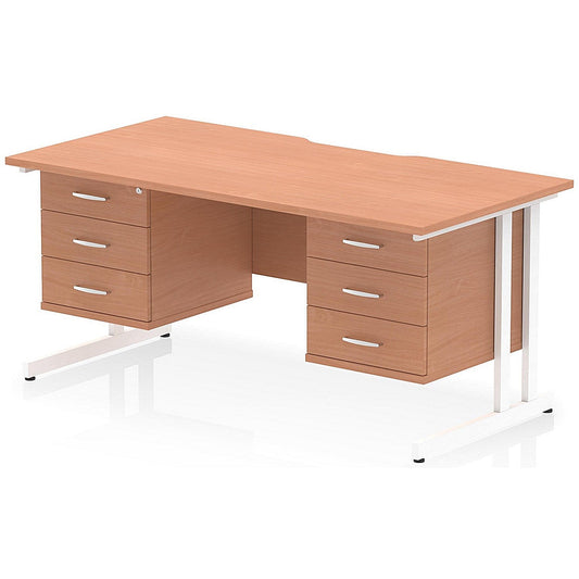 Impulse 1600mm Scalloped Edge Rectangular Desk, White Cantilever Legs, Beech, With 2 x 3 Drawer Fixed Pedestals Easy2Order : I006487