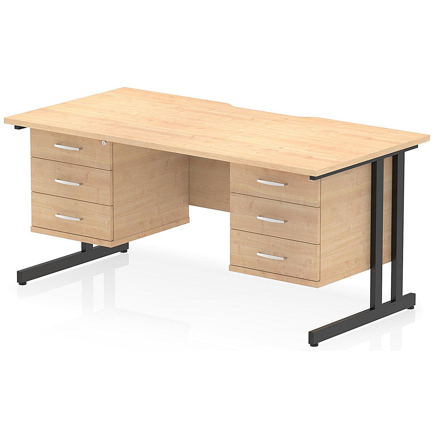 Impulse 1600mm Scalloped Edge Rectangular Desk, Black Cantilever Legs, Maple, With 2 x 3 Drawer Fixed Pedestals Easy2Order : I006491