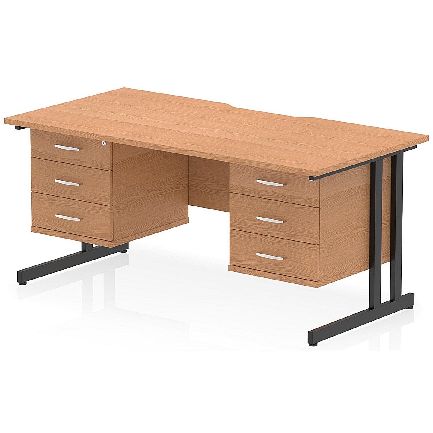 Impulse 1600mm Scalloped Edge Rectangular Desk, Black Cantilever Legs, Oak, With 2 x 3 Drawer Fixed Pedestals Easy2Order : I006494