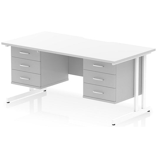 Impulse 1600mm Scalloped Edge Rectangular Desk, White Cantilever Legs, White, With 2 x 3 Drawer Fixed Pedestals Easy2Order : I006502