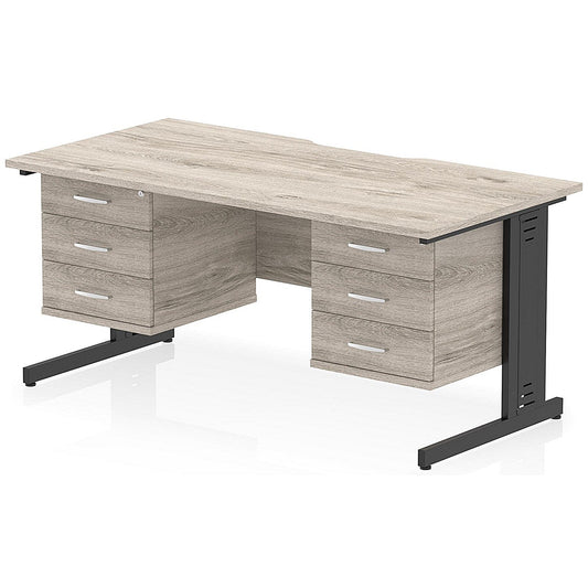 Impulse 1600mm Scalloped Edge Rectangular Desk, Black Cable Managed Legs, Grey Oak, With 2 x 3 Drawer Fixed Pedestals Easy2Order : I006506
