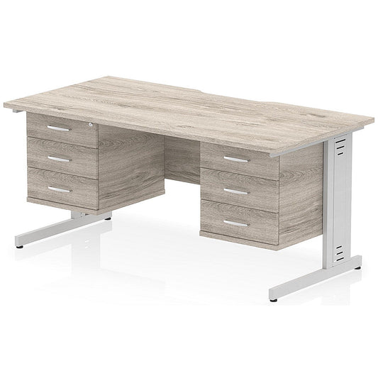 Impulse 1600mm Scalloped Edge Rectangular Desk, Silver Cable Managed Legs, Grey Oak, With 2 x 3 Drawer Fixed Pedestals Easy2Order : I006507