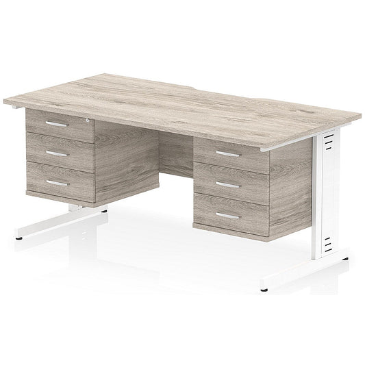 Impulse 1600mm Scalloped Edge Rectangular Desk, White Cable Managed Legs, Grey Oak, With 2 x 3 Drawer Fixed Pedestals Easy2Order : I006508