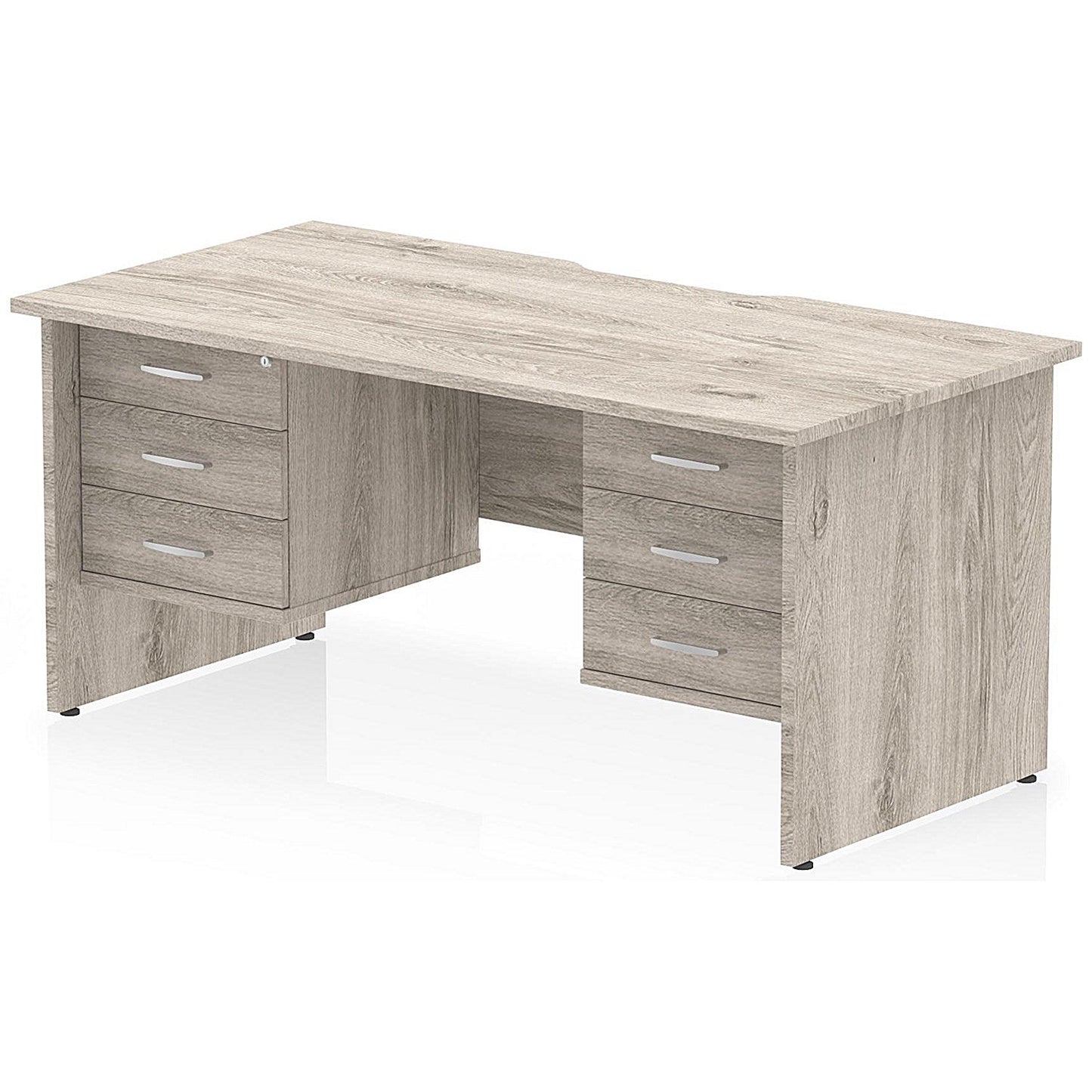 Impulse 1600mm Scalloped Edge Rectangular Desk, Panel End Legs, Grey Oak With 2 x 3 Drawer Fixed Pedestals Easy2Order : I006522