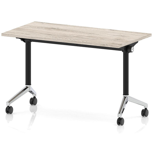 Impulse Plus Slim Flip Rectangular Table, 1200mm Wide, Chrome Foot, Grey Oak