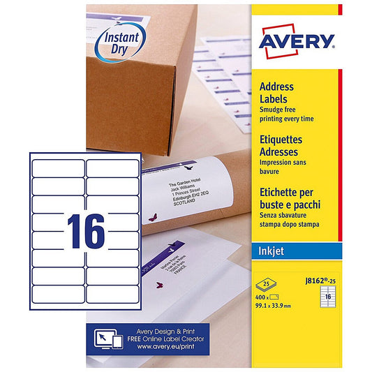 Avery Inkjet Address Label 99x34mm 16 Per A4 Sheet White (Pack 400 Labels) J8162-25 Easy2Order : J8162-25
