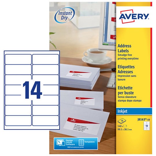 Avery Inkjet Address Labels 99.1 x 38.1 mm White (Pack 140 Labels) - J8163-10 Easy2Order : J8163-10