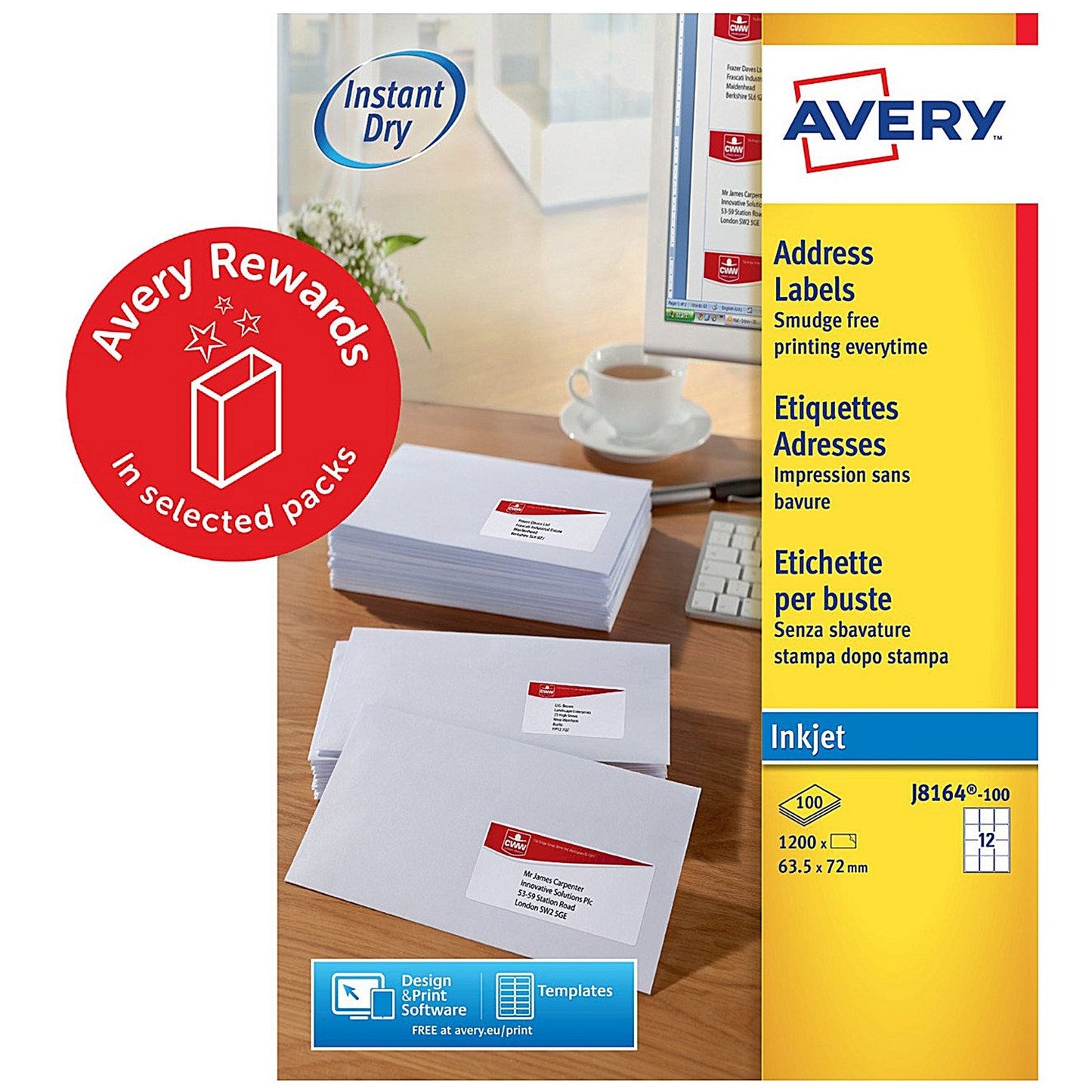 Avery Inkjet Address Label 63.5x72mm 12 Per A4 Sheet White (Pack 1200 Labels) J8164-100 Easy2Order : J8164-100