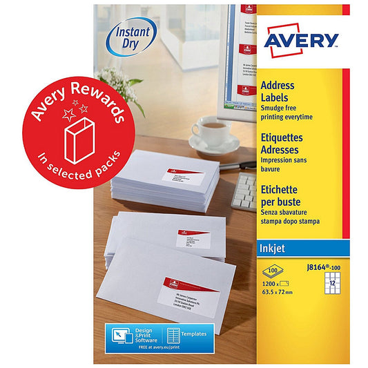 Avery Inkjet Address Label 63.5x72mm 12 Per A4 Sheet White (Pack 1200 Labels) J8164-100 Easy2Order : J8164-100