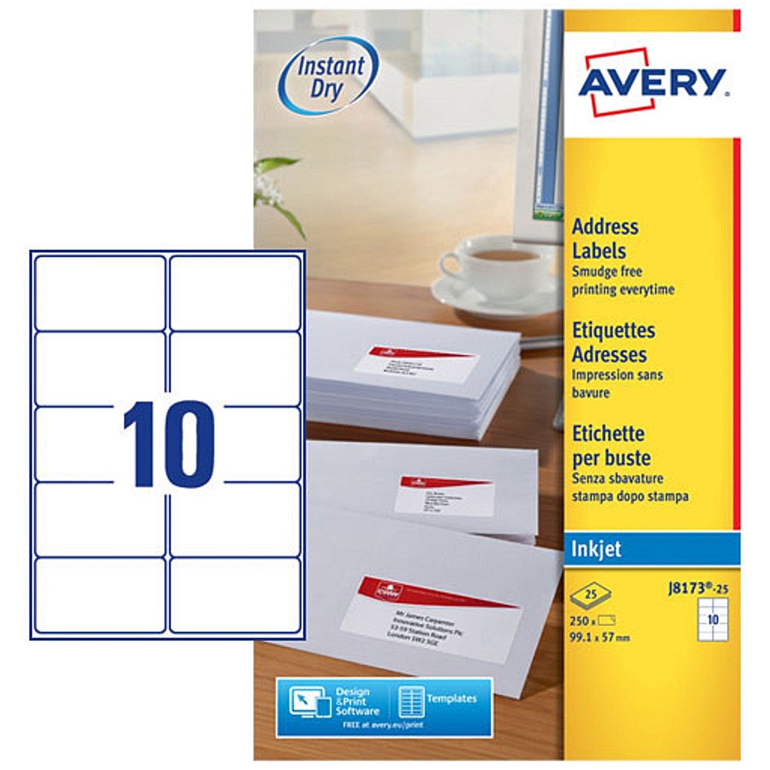 Avery Inkjet Address Label 99x57mm 10 Per A4 Sheet White (Pack 250 Labels) J8173-25 Easy2Order : J8173-25