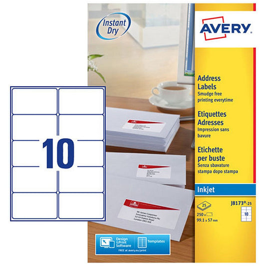 Avery Inkjet Address Label 99x57mm 10 Per A4 Sheet White (Pack 250 Labels) J8173-25 Easy2Order : J8173-25