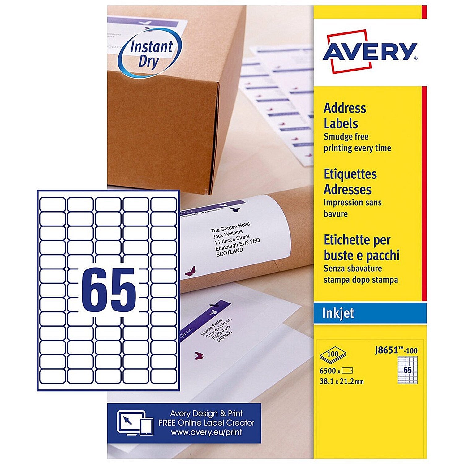 Avery Inkjet Address Label 38x21mm 65 Per A4 Sheet White (Pack 6500 Labels) J8651-100 Easy2Order : J8651-100