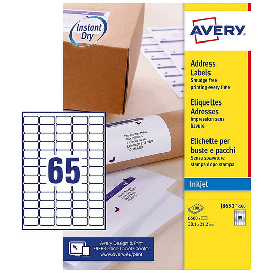 Avery Inkjet Address Label 38x21mm 65 Per A4 Sheet White (Pack 6500 Labels) J8651-100 Easy2Order : J8651-100
