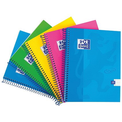 Oxford Touch Wirebound Notebook, A4, Ruled with Margin, 160 Pages, Assorted Colours, Pack of 5