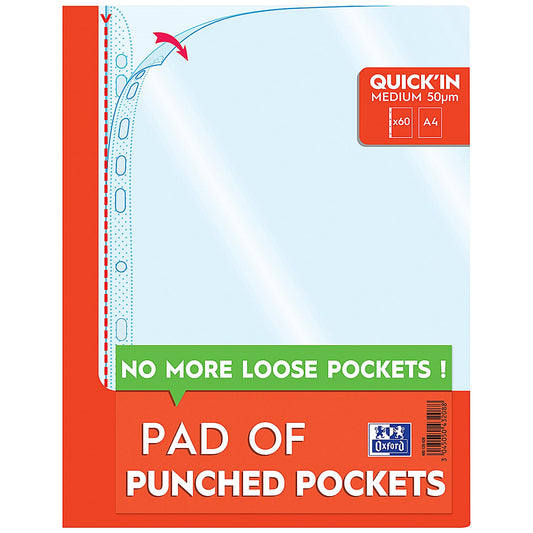 Oxford A4 Punched Pockets Pad, 50 Micron, Top Opening, Pack of 60
