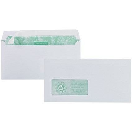 Basildon Bond Recycled DL Envelopes, Window, White, Peel and Seal, 120gsm, Pack of 500