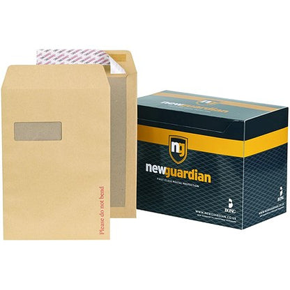 New Guardian C4 Board-backed Envelopes, Window, 130gsm, Peel & Seal, Manilla, Pack of 125