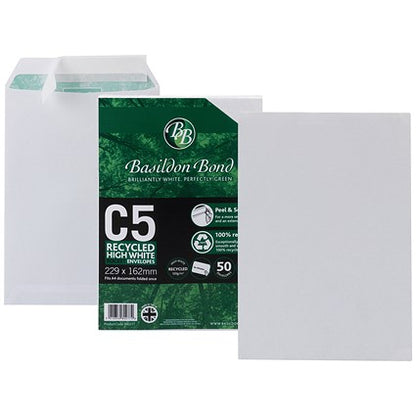Basildon Bond Recycled C5 Pocket Envelopes, White, Peel and Seal, 120gsm, Pack of 50