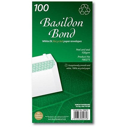 Basildon Bond Recycled DL Envelopes, White, Peel and Seal, 120gsm, Pack of 100