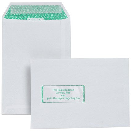 Basildon Bond Recycled C5 Envelopes, Window, White, Peel and Seal, 120gsm, Pack of 500