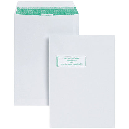 Basildon Bond Recycled C4 Pocket Envelopes, Window, White, Peel and Seal, 120gsm, Pack of 250