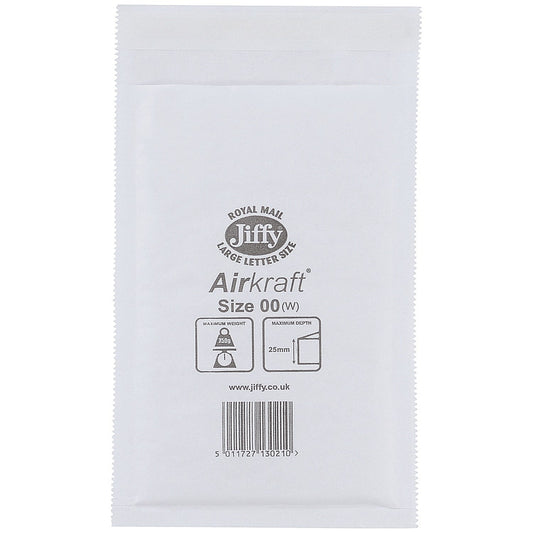 Jiffy Airkraft No.00 Bubble Lined Postal Bags, 115x195mm Peel & Seal, White, Pack of 200