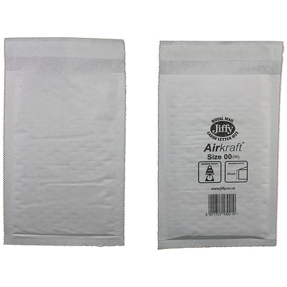 Jiffy Airkraft No.00 Bubble Lined Postal Bags, 115x195mm Peel & Seal, White, Pack of 200