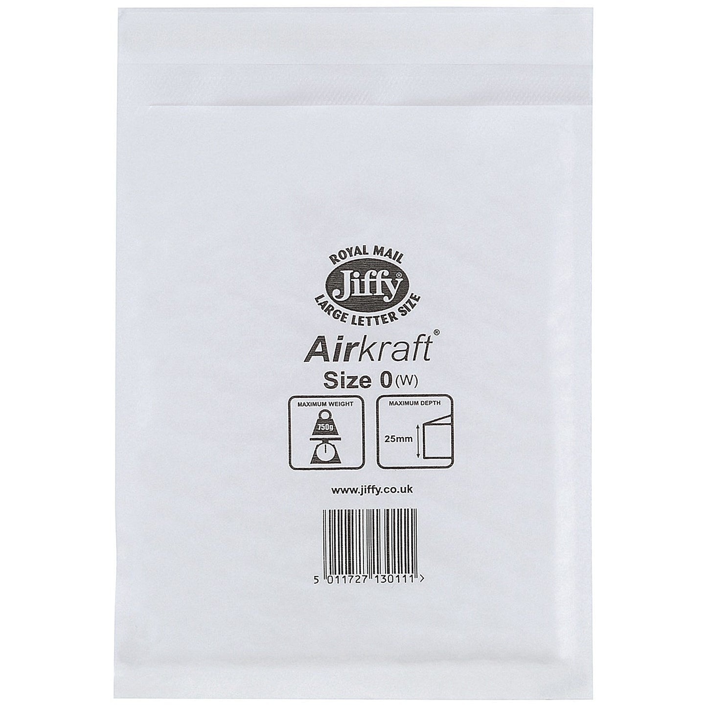 Jiffy Airkraft No.0 Bubble Lined Postal Bags, 140x195mm Peel & Seal, White, Pack of 100