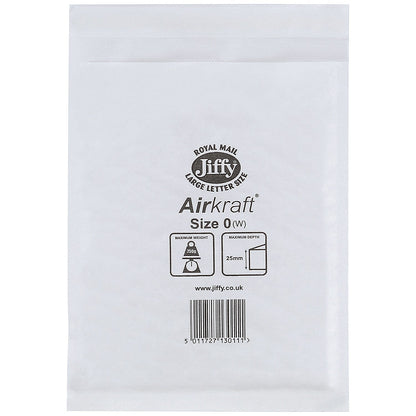 Jiffy Airkraft No.0 Bubble Lined Postal Bags, 140x195mm Peel & Seal, White, Pack of 100