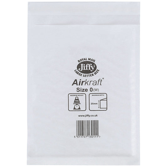 Jiffy Airkraft No.0 Bubble Lined Postal Bags, 140x195mm Peel & Seal, White, Pack of 100