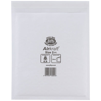 Jiffy Airkraft No.2 Bubble Lined Postal Bags, 205x245mm Peel & Seal, White, Pack of 100