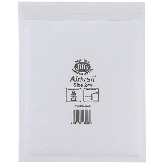 Jiffy Airkraft No.2 Bubble Lined Postal Bags, 205x245mm Peel & Seal, White, Pack of 100