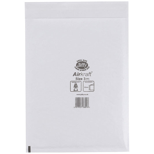 Jiffy Airkraft No.3 Bubble Lined Postal Bags, 220x320mm Peel & Seal, White, Pack of 100